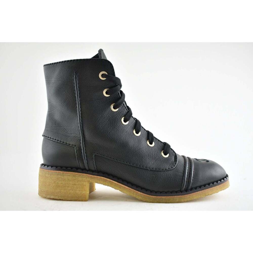 Chanel 20P Black Calfskin Leather CC Combat Lace Up Biker Ankle Short Boots 42